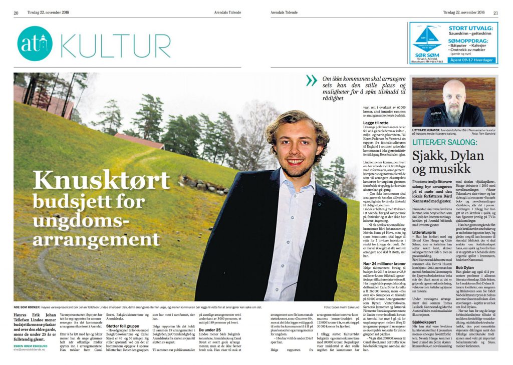 SVAKT BUDSJETT FOR UNGE: En ung politiker har sett nærmere på hvordan kommunens kulturkroner blir fordelt, og mener lite går til arrangementer for unge.
